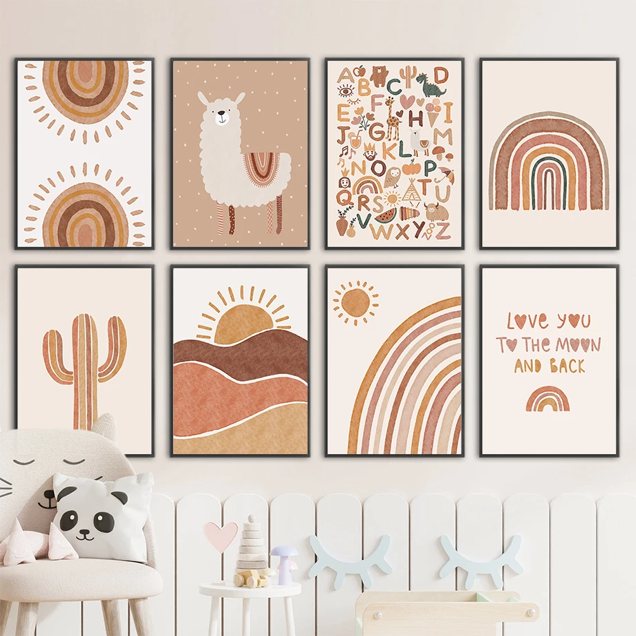 Baby Nursery Jungle - Alpaca, Unicorno, Sole, Arcobaleno, Cactus, Quadro