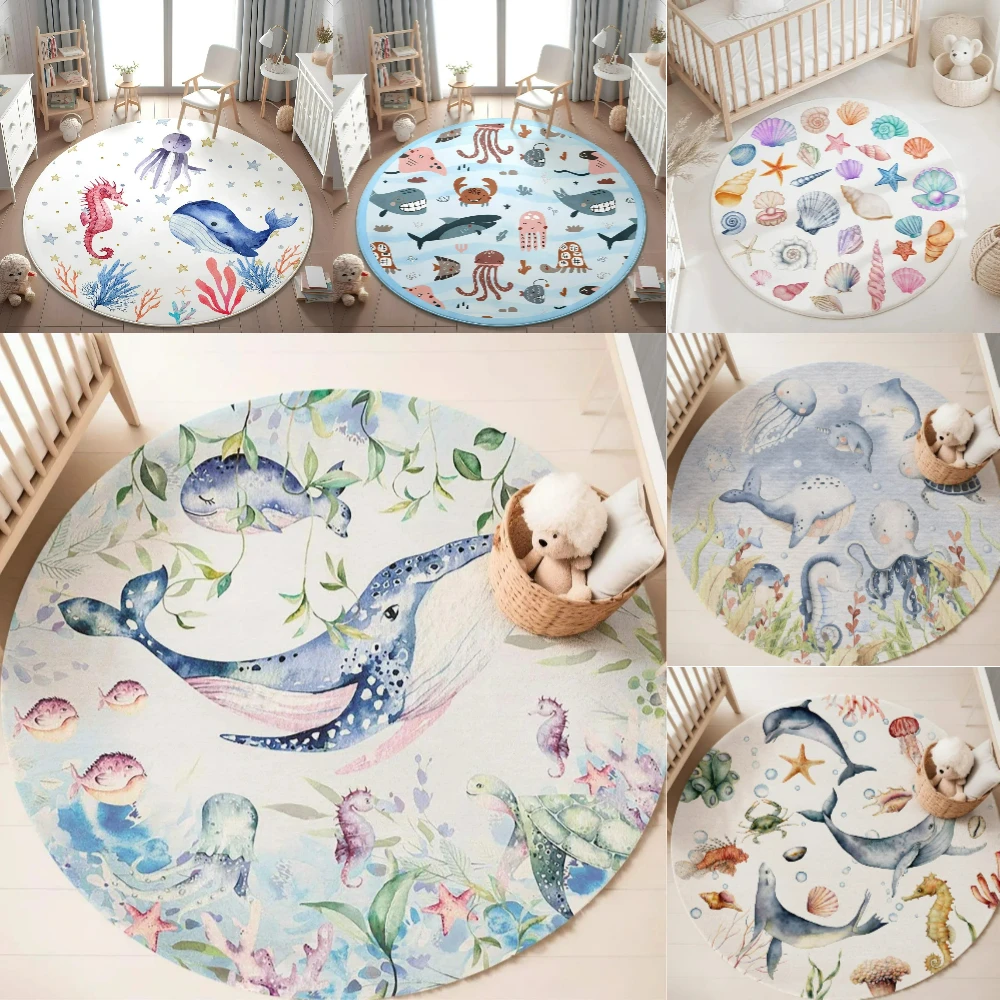 Baby Nursery Rug - Tappeto rotondo blu con animali marini
